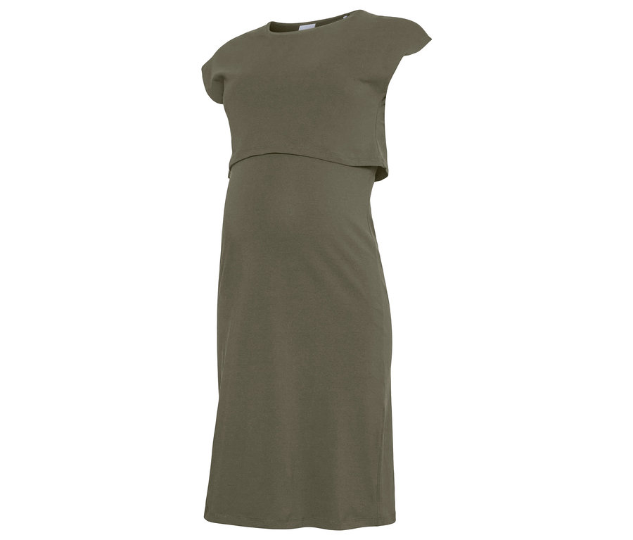 Robe de grossesse kaki avec haut court et jupe longueur genou.
