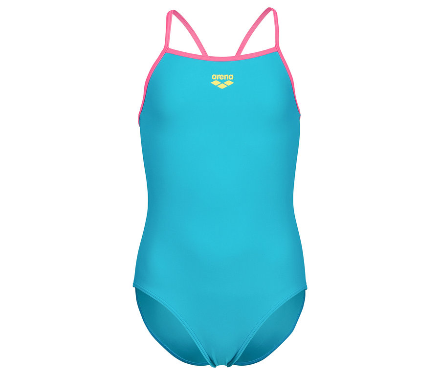 Maillot de bain turquoise avec bretelles roses, photographié en studio.
