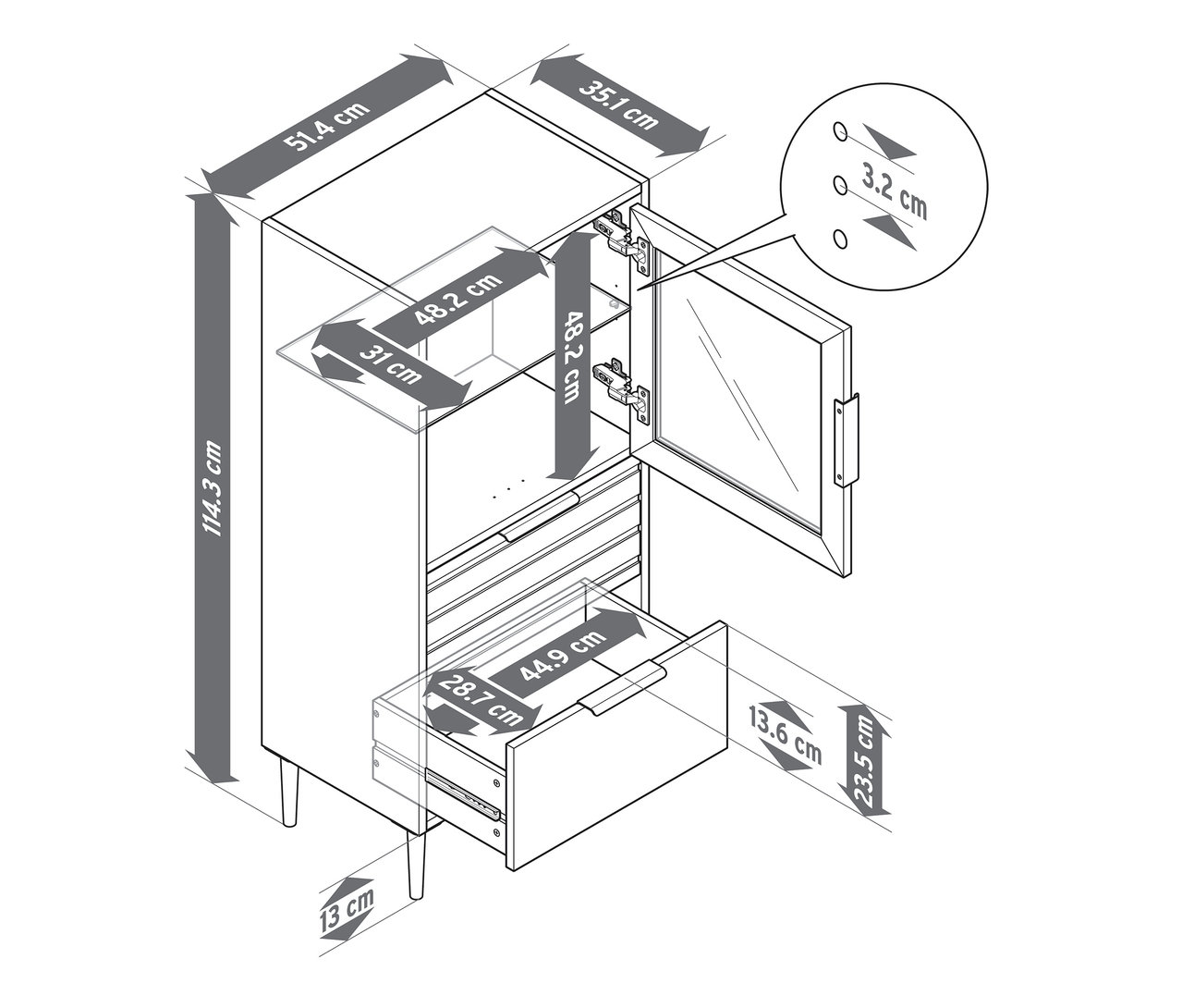 Schéma d'une vitrine « BAAKEN » avec porte vitrée et 2 tiroirs, avec dimensions.