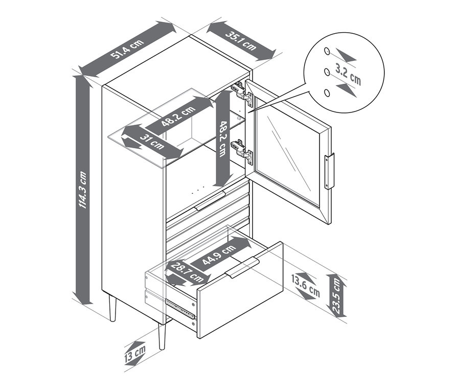 Schéma d'une vitrine « BAAKEN » avec porte vitrée et 2 tiroirs, avec dimensions.