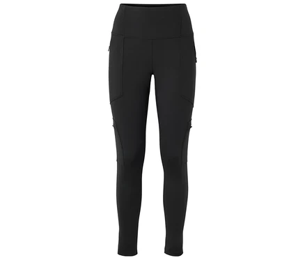 Legging noir taille haute avec plusieurs poches: poches zippées sur le devant supérieur et le bas extérieur des cuisses, et poches à rabat sur les cuisses extérieures.