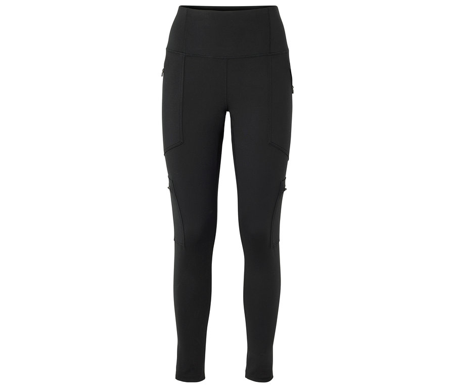 Legging noir taille haute avec plusieurs poches: poches zippées sur le devant supérieur et le bas extérieur des cuisses, et poches à rabat sur les cuisses extérieures.
