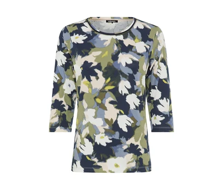 Haut femme Olsen à manches trois quarts et col rond, avec un motif floral abstrait dans des nuances de bleu, vert, beige et blanc.