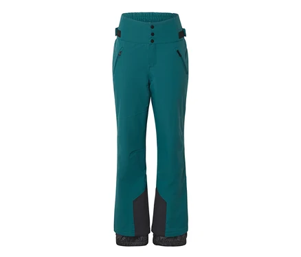 Pantalon de ski turquoise taille haute avec trois boutons noirs, des poches zippées et des renforts noirs aux chevilles.