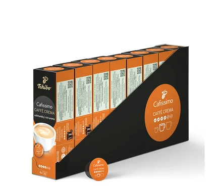 Plusieurs paquets de Cafissimo Caffè Crema vollmundig (intense) – 80 capsules sont alignés dans un support noir.