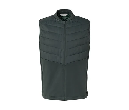 Gilet sans manches vert foncé avec col montant et fermeture éclair intégrale. La partie supérieure est matelassée, l'inférieure est lisse.