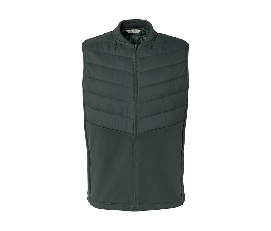 Gilet sans manches vert foncé avec col montant et fermeture éclair intégrale. La partie supérieure est matelassée, l'inférieure est lisse.