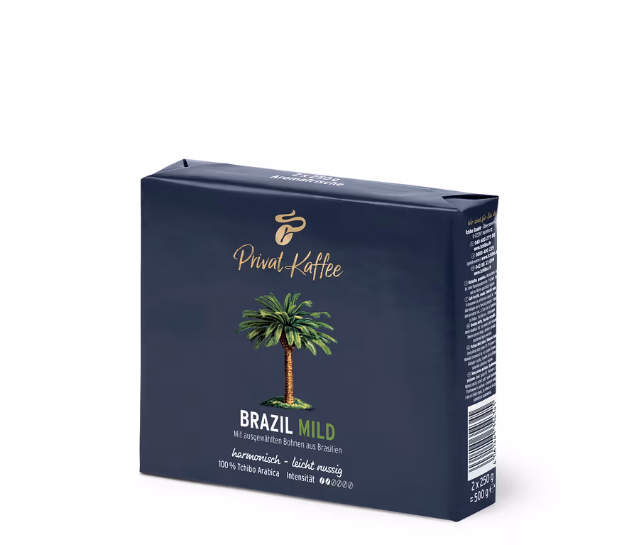 Un paquet de Privat Kaffee Brazil Mild avec une illustration de palmier.