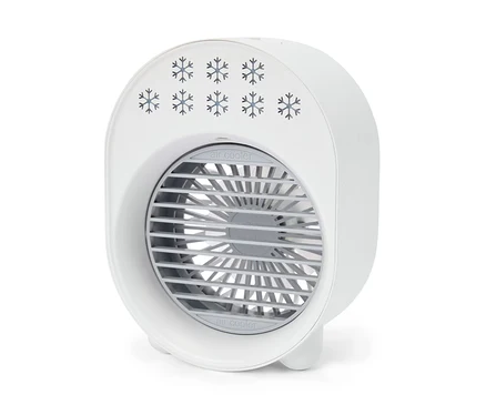 Refroidisseur d'air blanc et rond avec motif de flocons de neige sur fond blanc.