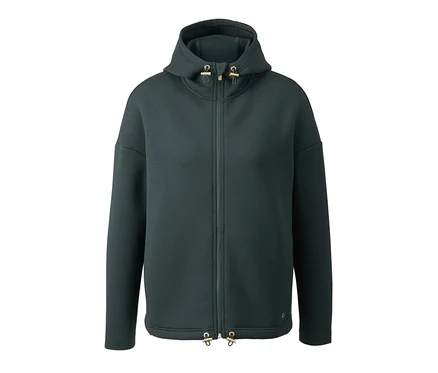 Une veste scuba verte avec fermeture éclair et capuche.