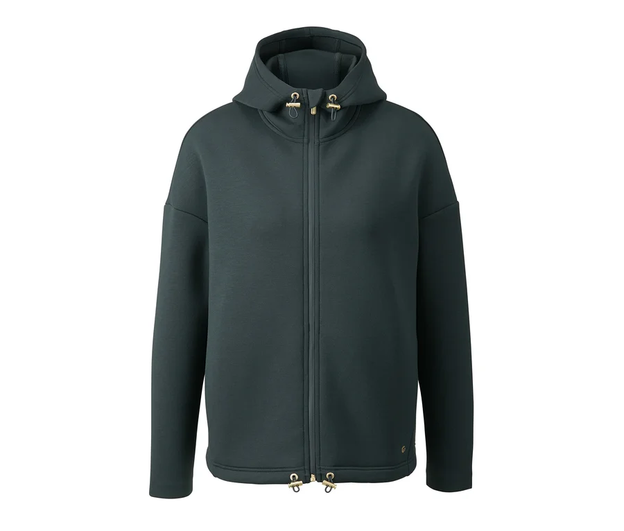Une veste scuba verte avec fermeture éclair et capuche.