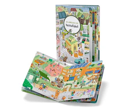 Deux livres ouverts « Das Wimmelbuch der Nachhaltigkeit » montrent des illustrations détaillées de la vie urbaine.