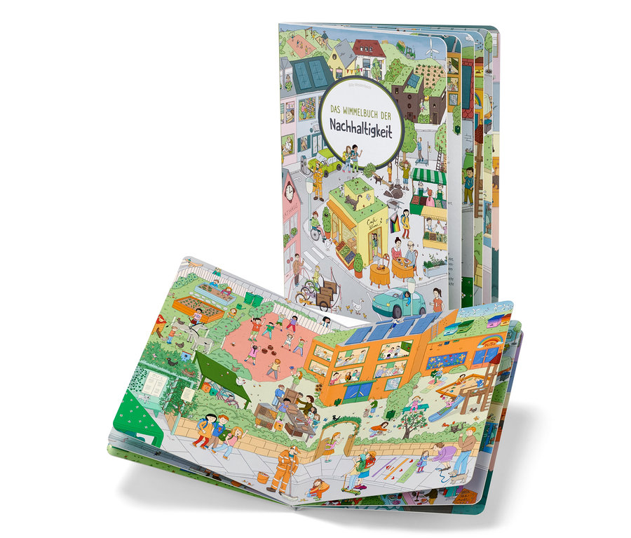 Deux livres ouverts « Das Wimmelbuch der Nachhaltigkeit » montrent des illustrations détaillées de la vie urbaine.