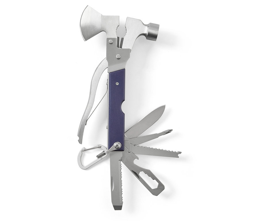 Un outil multifonction pliable avec marteau, hache, pince, couteau, scie et mousqueton.