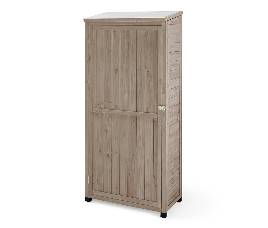 Une grande armoire de jardin en bois artificiel.
