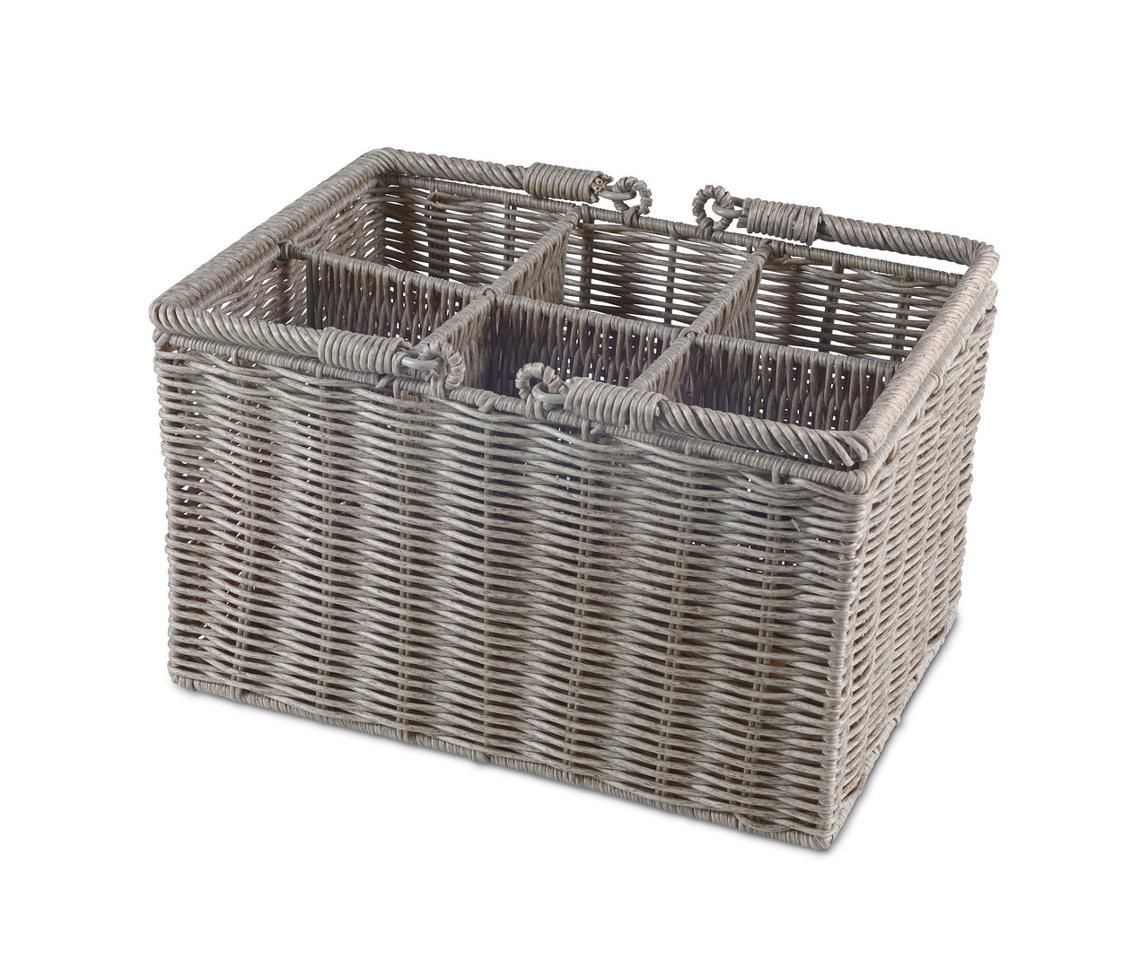 Panier à bouteilles gris avec six compartiments.
