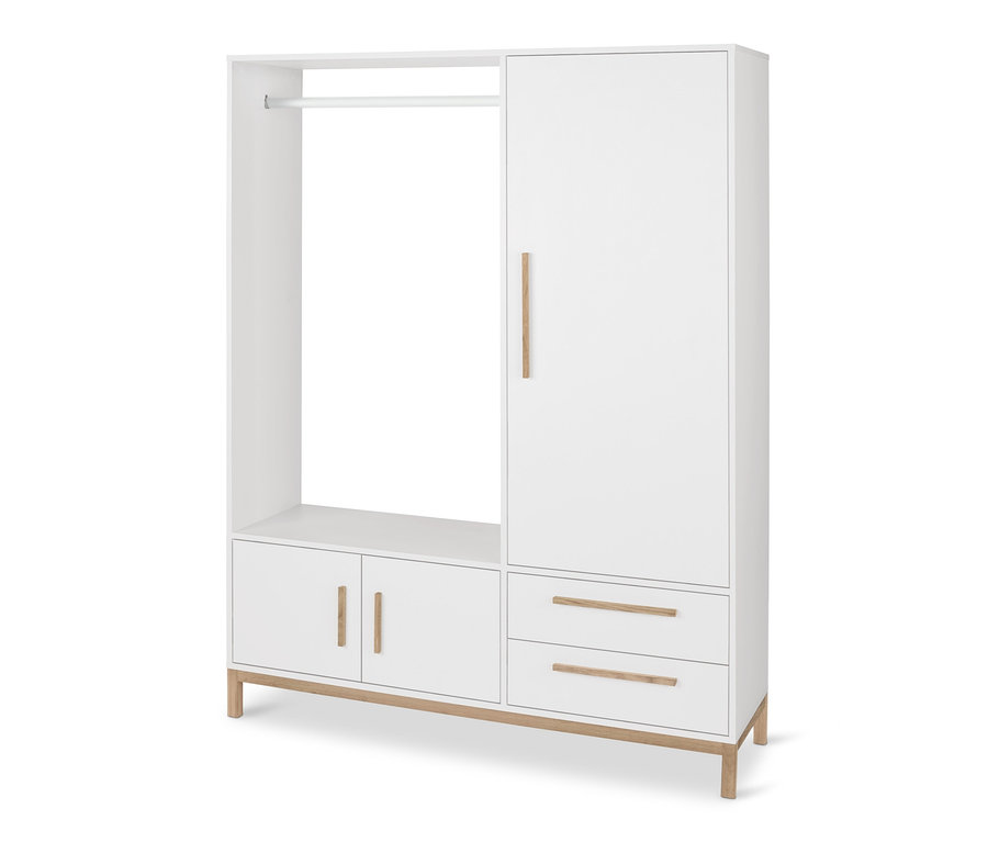 Armoire « Eklund » blanche avec étagères, tiroirs et tringle à vêtements.