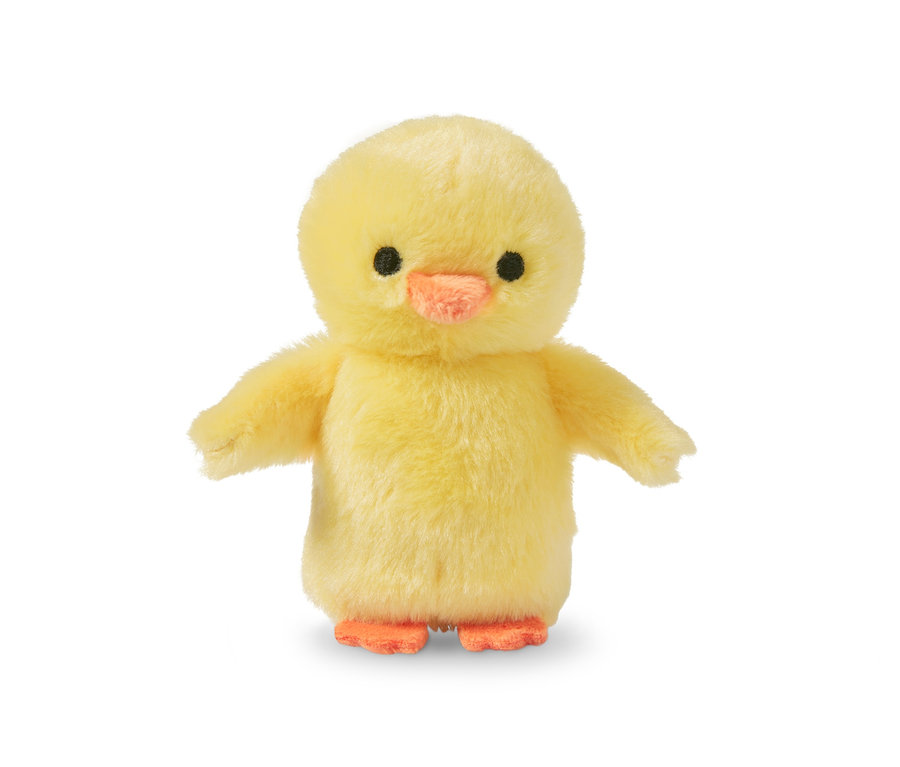 Un poussin jaune en peluche avec son, debout sur un fond blanc.