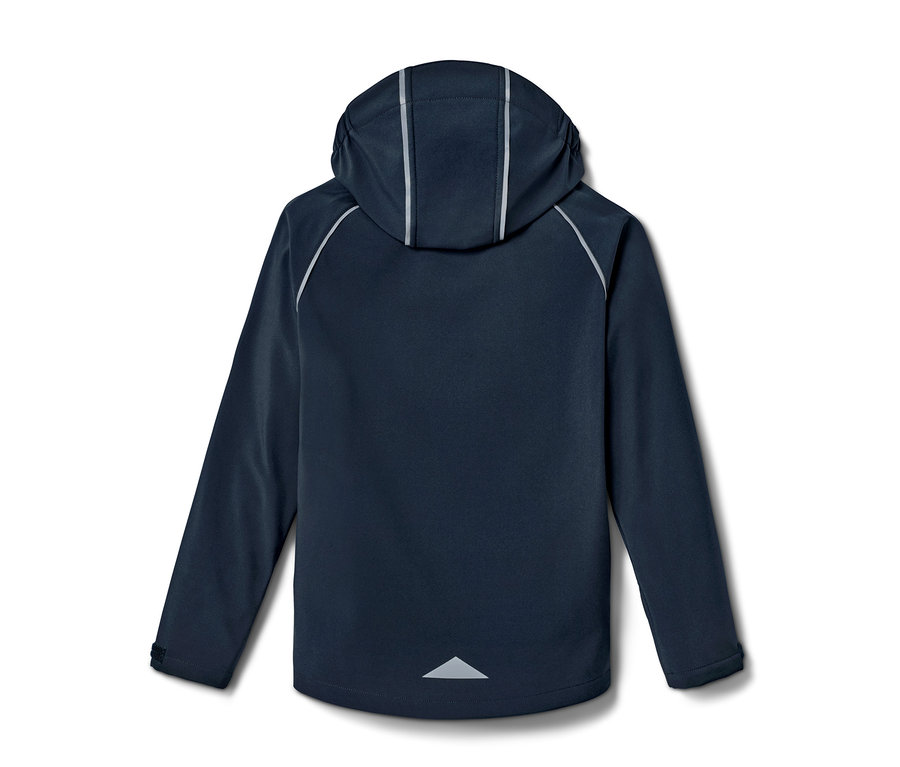 Veste softshell bleu marine avec capuche et détails réfléchissants.