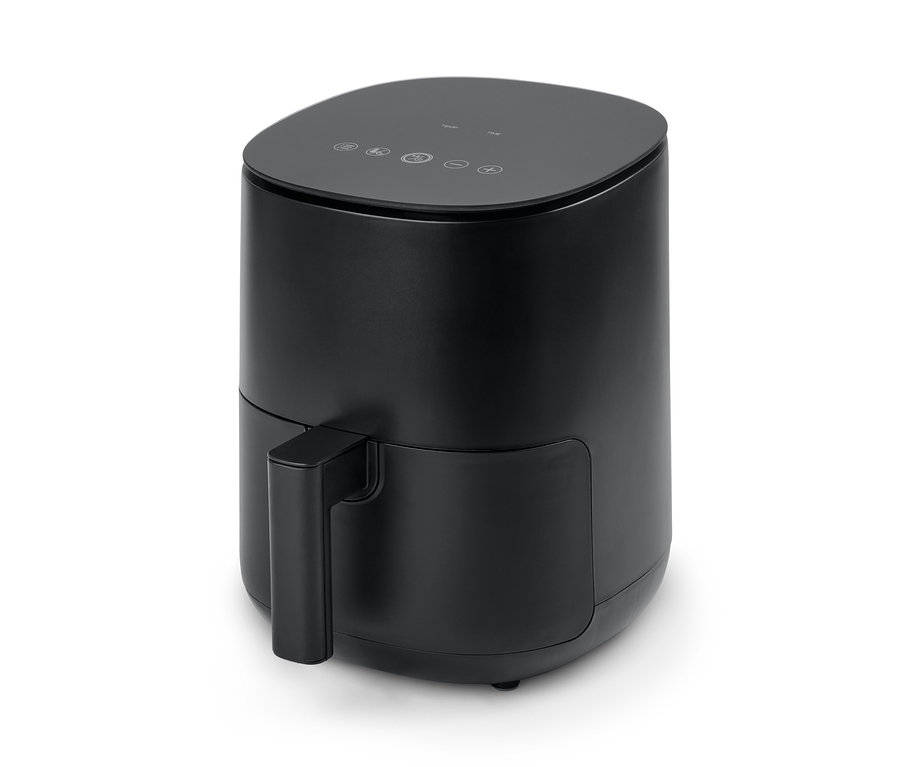 Une friteuse numérique à air noire de Trebs sur fond blanc.