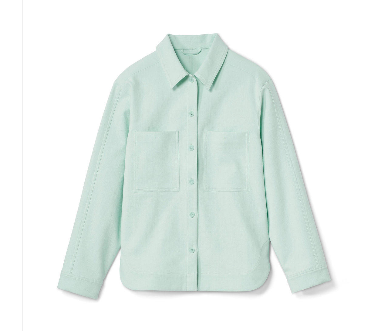 Veste chemisier vert clair NAH/STUDIO en coton recyclé avec manches longues, boutons et deux poches.