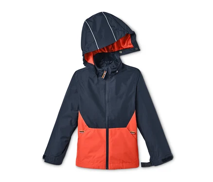 Veste de pluie bleu marine et orange avec capuche.