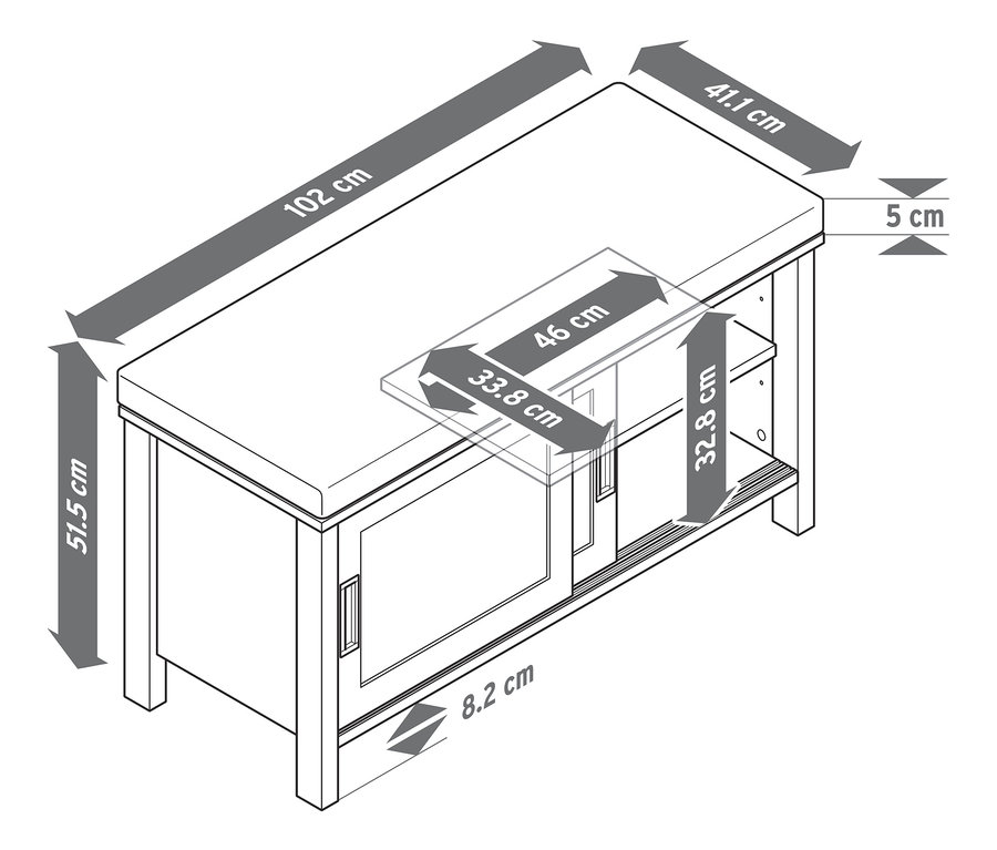Illustration en noir et blanc d'un banc « Clara » avec compartiment et dimensions indiquées.