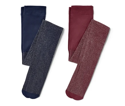 Deux paires de collants enfant, une bleu marine et une bordeaux, toutes deux avec un effet pailleté.