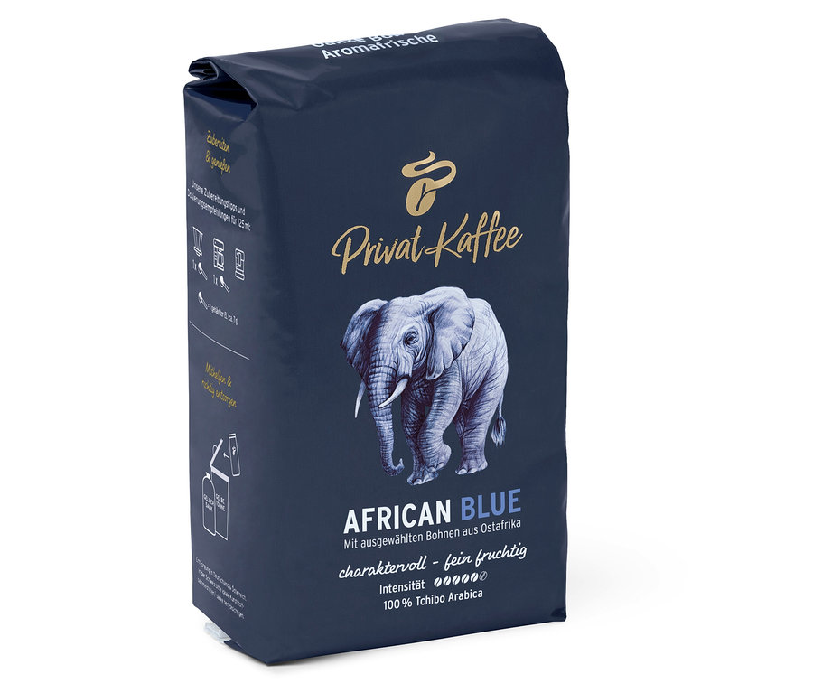 Un paquet de café en grains Privat Kaffee African Blue avec l'image d'un éléphant.