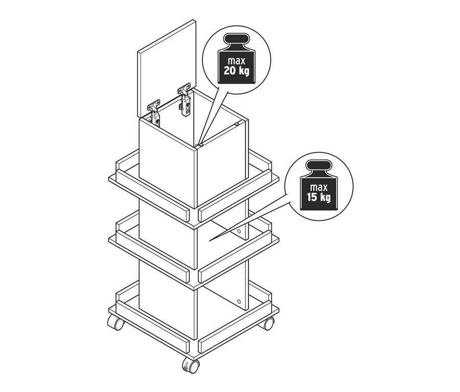 Schéma d'une tour à livres avec détails aspect chêne, charge maximale de 20 kg en haut et de 15 kg sur les autres étagères.