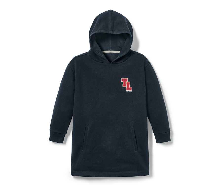 Sweat-shirt long à capuche bleu.