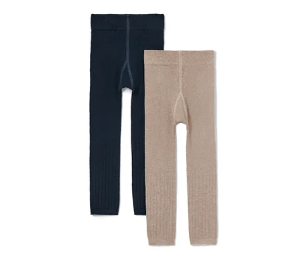 Deux leggings en maille : un bleu foncé et un marron clair.