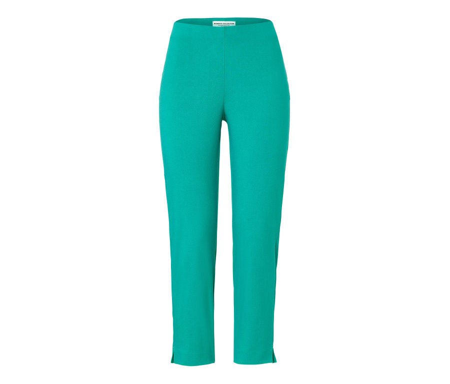 Pantalon stretch 7/8 turquoise sur fond blanc.