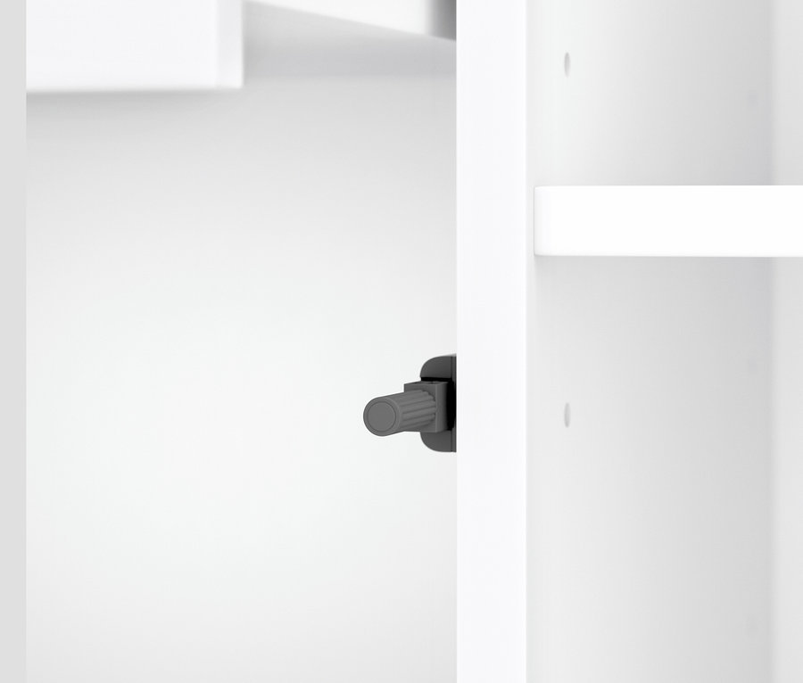 Détail d'un meuble de salle de bain blanc avec bouton rotatif.