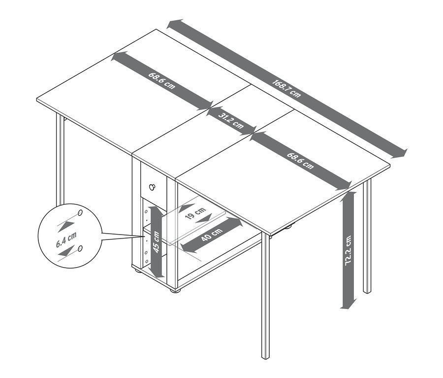 Les dimensions de la table extensible sont de 168,7 cm de long, 68,6 cm de large et 72,2 cm de haut.