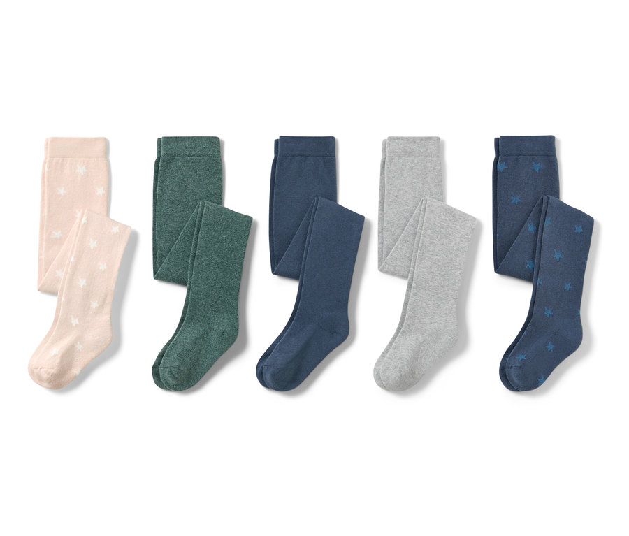 Cinq collants en coton avec des étoiles en beige, vert, bleu marine, gris et bleu.