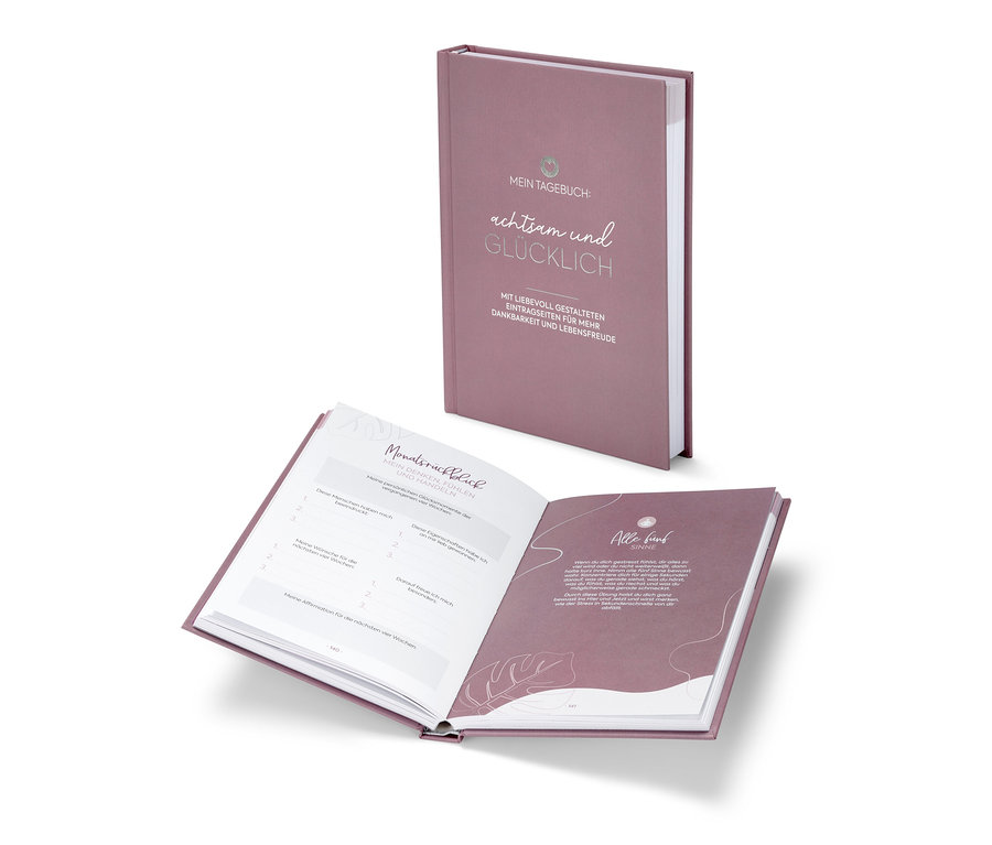 Vue d'un livre ouvert « Mein Tagebuch ‒ achtsam und Glücklich » montrant les pages intérieures et un deuxième exemplaire placé derrière.