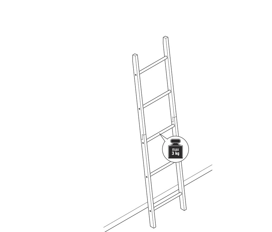 Illustration d'une échelle décorative avec des éléments latéraux rouges appuyée contre un mur.
