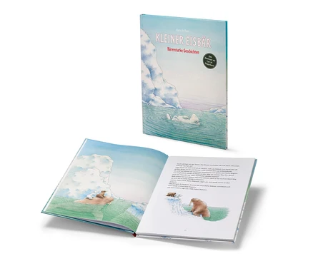 Un livre ouvert et derrière lui un livre « Kleiner Eisbär – bärenstarke Geschichten ».