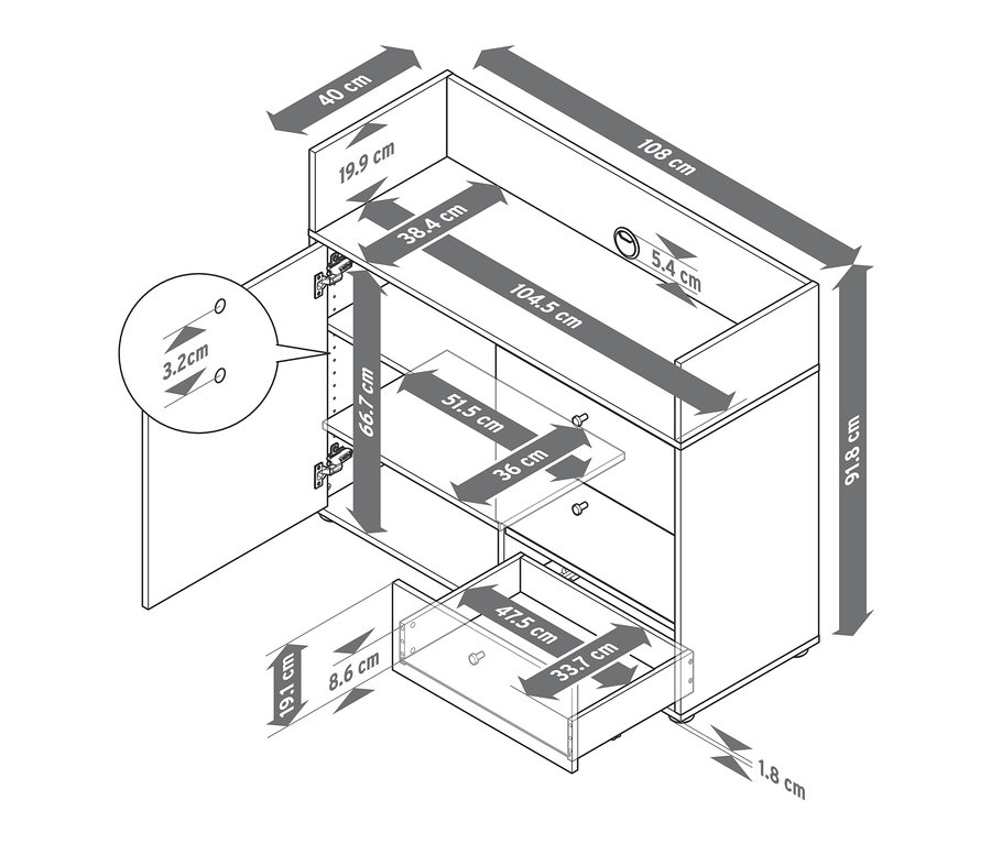 Dimensions du buffet avec tiroirs et porte.