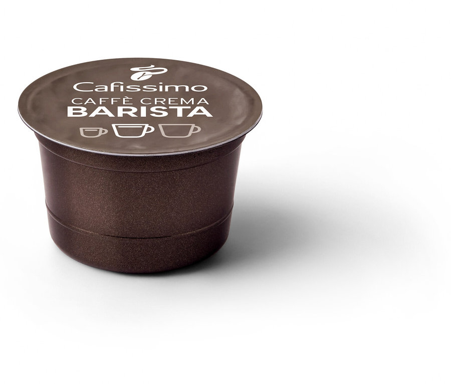 Gros plan sur une capsule individuelle marron Cafissimo Barista Caffè Crema.