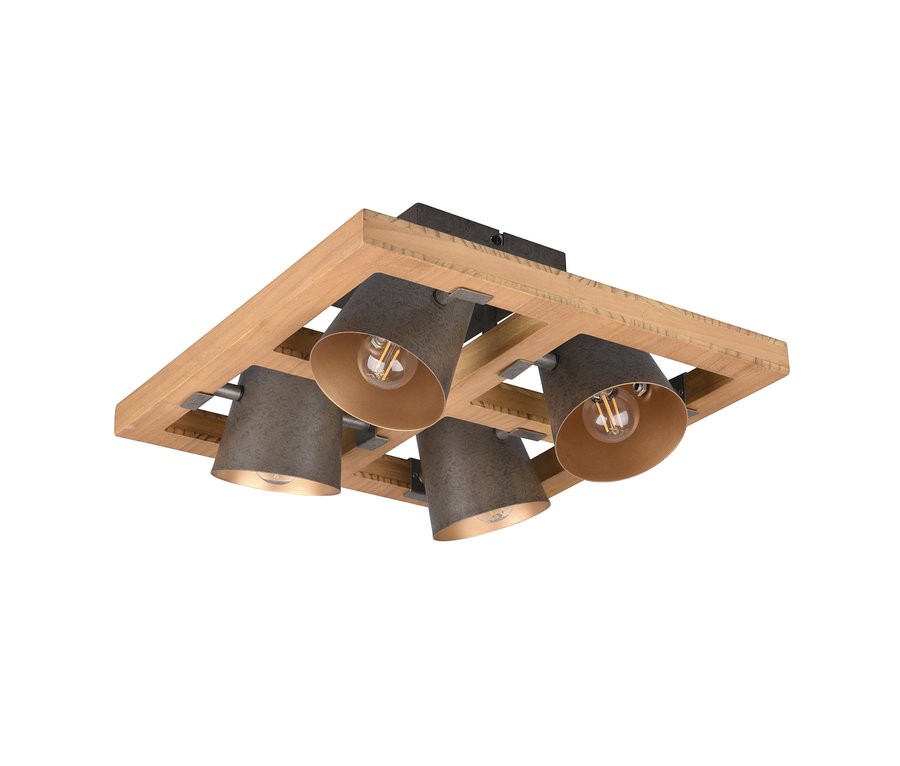 Plafonnier Trio Bell à quatre lampes avec cadre en bois et abat-jour.