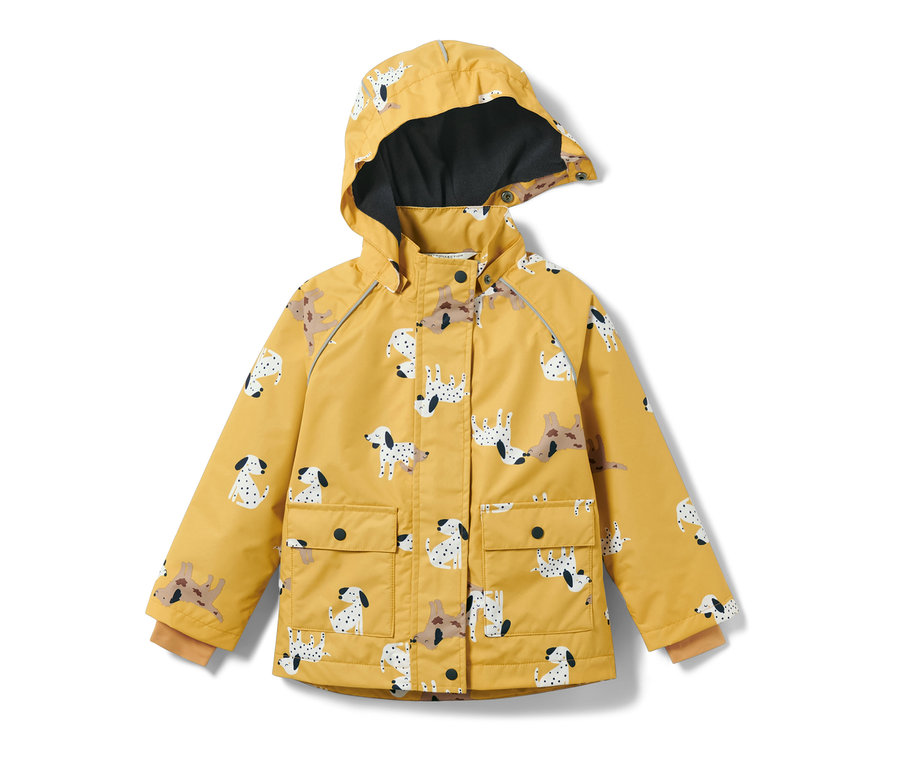 Veste de pluie thermique jaune pour enfant avec imprimé dalmatien.
