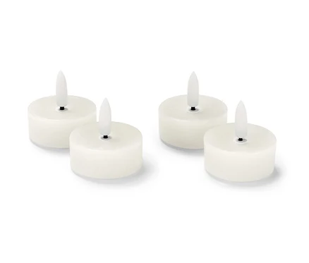 Quatre bougies chauffe-plat en cire avec LED, blanc crème.