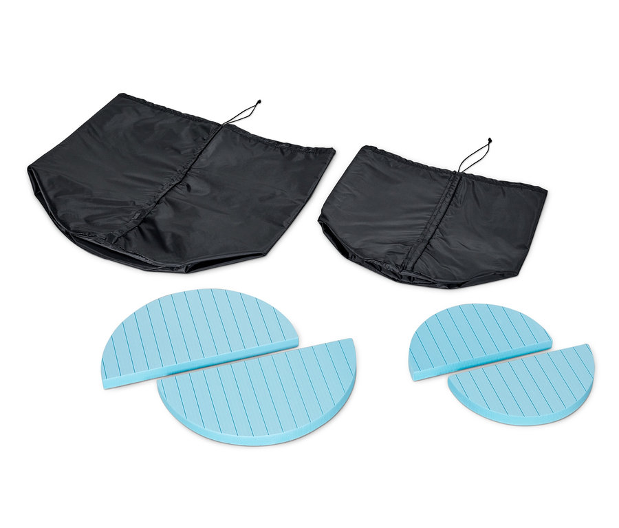 Deux sacs noirs avec cordon de serrage et deux ensembles d'inserts bleus en demi-cercle sur fond blanc.