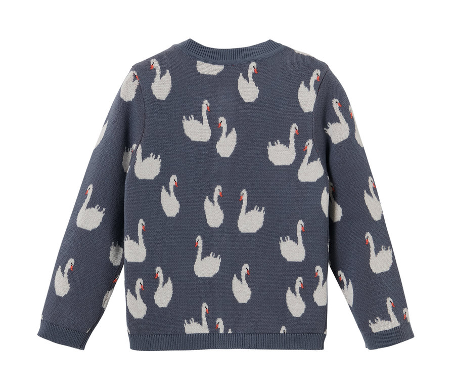Jaquette en maille bleue pour enfant avec motif de cygnes.