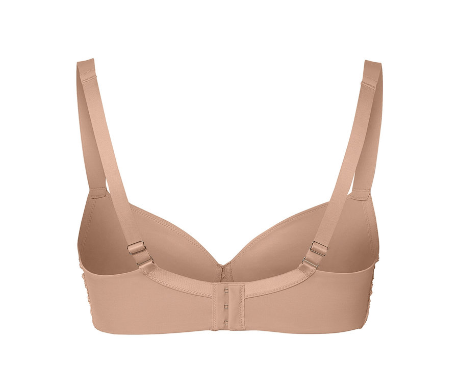 Vue détaillée de l'arrière d'un soutien-gorge à armatures beige.
