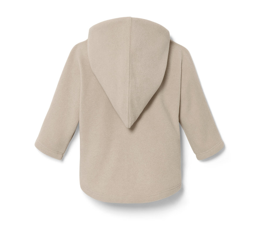 Vue arrière d'une veste en polaire beige pour bébé avec capuche.