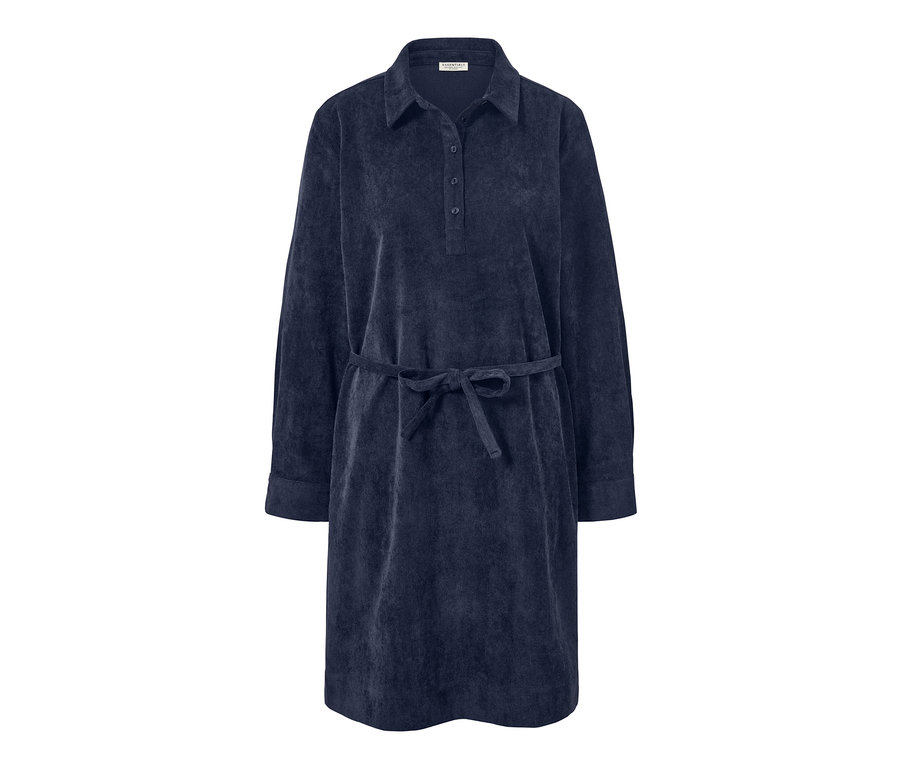 Robe en velours côtelé bleue à manches longues avec ceinture.