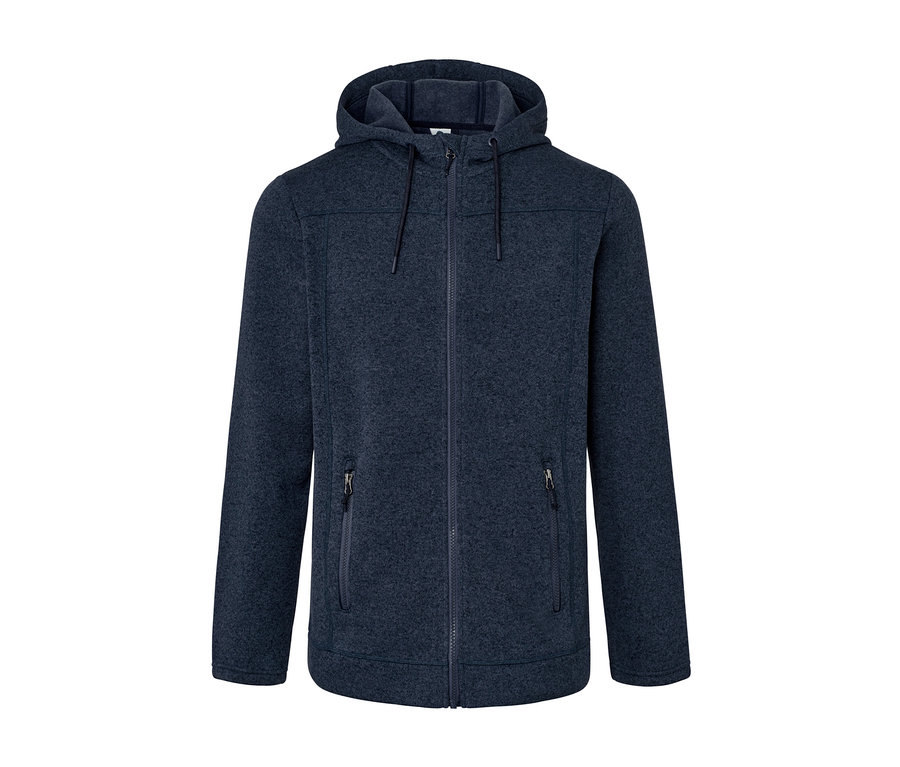 Une veste en maille polaire bleue avec fermeture éclair et capuche.